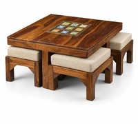Table basse en bois massif gain de place avec 4 tabourets gigognes |   Design moderne éco-responsable fait main |   Meubles de salon |   Vente en gros