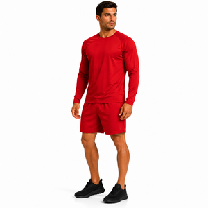 Custom Men Long Sleeve T Shirt and Shorts Set <b>Athletic</b> Raglan Top Elastic Waist Short Set Solid Color Gym Tracksuit Workout - Product Image 5