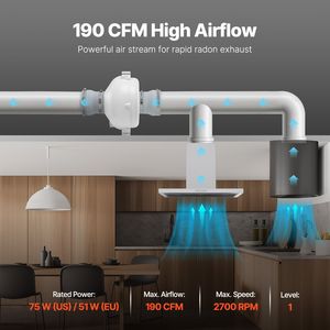 Sistema di Ventilazione Silenzioso per Mitigazione Radon 190CFM, Kit di Installazione 4-4,5 Pollici con 2 Accoppiatori e Indicatore di Pressione per Ventilatori - Product Image 3