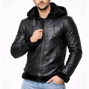 Blouson bomber en cuir noir à capuche Barboda - Blouson bomber en cuir noir à capuche pour l'hiver - Product Image 5