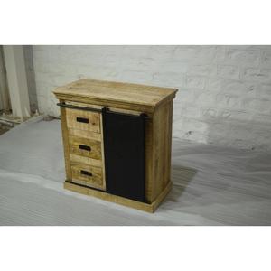 Commode en bois de manguier massif faite à la main porte coulissante en fer Style moderne industriel rustique trois tiroirs rangement chambre salon - Product Image 5