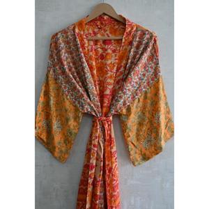 Kimono de Seda con Parches, Estilo Boho, Largo, para Dormir, Hecho a Mano, Talla Grande, Transpirable, con Estampado Floral Otoñal - Product Image 3