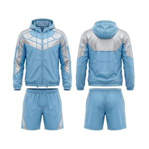 Breathable Polyester Nylon Windbreaker Short Set Nylon Hooded <b>Jacket</b> And Shorts Sky Blue <b>Silver</b> Gray Color Block Panel Tracksuit - Product Image 1
