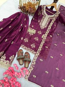 Good Selling Purple Gmy Silk <b>Kurta</b> Palazzo Suit <b>for</b> <b>Women</b> with Heavy Sequin Embroidery <b>for</b> Traditional Indian Wear Bulk Supplier - Product Image 2