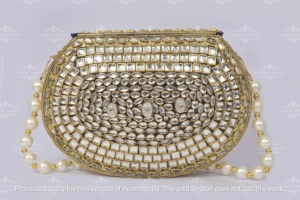 Bolso de mano dorado con espejo Kundan | Bolso DE BODA indio | Monedero nupcial con asa de perlas | Embrague de noche de diseñador para fiesta - Product Image 6