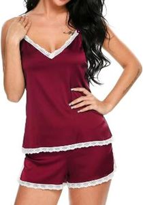 Conjunto de Pijama de Satén para Mujer, Camisola con Cuello en V, Pantalones Cortos, Encaje Sexy, Color Sólido, Pijama de Verano sin Mangas, Tela Suave - Product Image 1