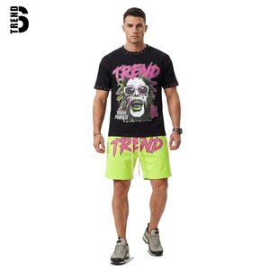 2026 Trendy Men's Streetwear Set Black <b>Studded</b> Collar Solid T-<b>shirt</b> Neon Green Shorts Custom Y2K Hip Hop Rivet 100% Cotton - Product Image 1