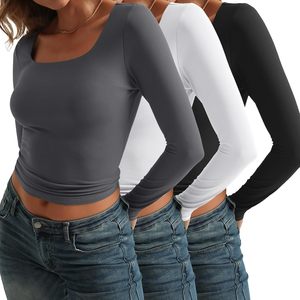 2025 Paquete de 3 Tops cortos de manga larga para mujer Moda de otoño Capa básica Slim Fit Y2K Ropa - Product Image 4