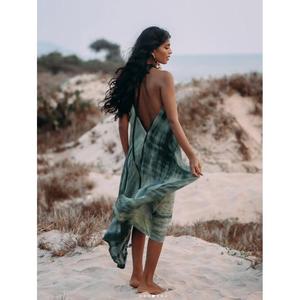 Premium Style Boho Solid A-Line Maxi Dress Halter Lace Sleeveless Regular Fit Breathable Chiffon Eco-Friendly Summer <b>Beach</b> Wear - Product Image 2
