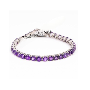 Bracelet à breloques Alexandrite, pierre précieuse changeante de couleur, violet, taille ronde 4mm-5mm, sertie clos, clarté VVS, plaqué argent, cadeau unisexe - Product Image 1