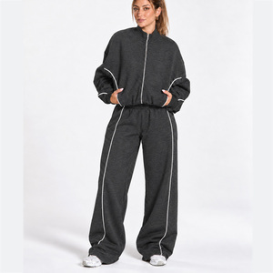 <b>Women's</b> Contrastline Full Zip Tracksuit Two Piece Casual Outfit Relaxed <b>Jacket</b> And Wide Leg Pants Matching Apparel Set Style - Product Image 1
