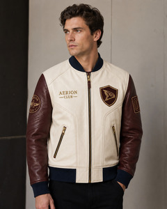 Blouson Bomber en Cuir PU pour Homme, Marron Crème, avec Patchs, Coupe-Vent, Décontracté, Fermeture Éclair, Automne - Product Image 4
