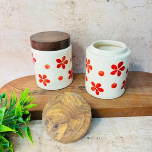 Handcrafted Ceramic <b>Storage</b> Jar Set Wooden Lid Airtight <b>Kitchen</b> Organizer Floral Design Durable Food Safe <b>Container</b> - Product Image 3