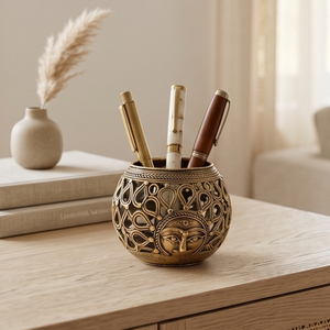 Support de bougie chauffe-plat, porte-stylo et panier en laiton Dhokra, artisanat tribal en métal, décoration maison et bureau - Product Image 3