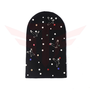 Unisex <b>Punk</b> Style Beanie Hat With Rhinestone And Safety <b>Pin</b> Decor Black Knitted Winter Cap For Adults 56-58CM - Product Image 1