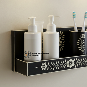 Handcrafted Black Bone Inlay Bathroom Organizer <b>Set</b> Wall-Mounted Vanity Shelf with Dual <b>Soap</b> Dispensers and Toothbrush Holders - Product Image 4