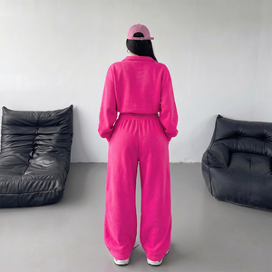 Ensemble de survêtement en polaire rose pour femme, haut court à demi-zip, coupe ample, couleur unie, avec poches latérales, tenue décontractée d'automne - Product Image 2