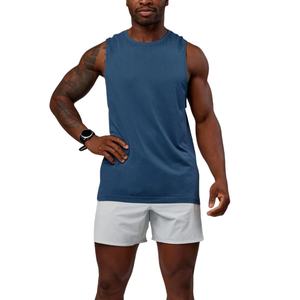 Camiseta sin Mangas de Punto Transpirable para Hombre, Color Sólido, Cuello Redondo, Ropa Deportiva Informal, Azul, Diseño Personalizado, Nuevo Estilo - Product Image 1