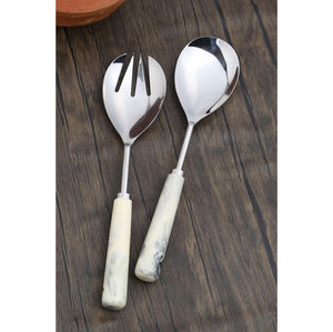 Juego de cubiertos de lujo en acero inoxidable dorado mate con mango de mimbre, tenedor y cuchara para servir ensaladas, para comedor y cocina modernos. - Product Image 6