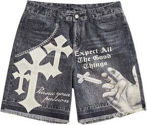 Customized Unisex High Rhinestone Ripped Distressed Denim <b>Shorts</b> Embroidery <b>Patches</b> Logo Formal Streetwear Unisex <b>Shorts</b> - Product Image 1