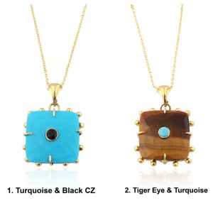 Elegante collar con colgante cuadrado de turquesa azul con detalles en circonita negra, cadena de cuentas chapada en oro de 18k, diseño de diseñador. - Product Image 2