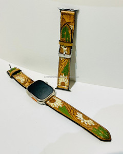 New Arrival Handmade Genuine Leather Custom Design Western Floral <b>Tooled</b> Painted <b>Watch</b> Band Boho Western Replacement <b>Watch</b> <b>Strap</b> - Product Image 2