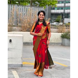 CRÉATEUR LICHI SOIE JACQUARD TRAVAIL SAREE AVEC BLOUSE NON COUCHÉE ROUGE - Product Image 1