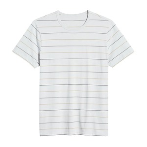 Men's Oversized Striped Short Sleeve O-<b>Neck</b> T-Shirt with Digital Printing Front Logo Casual Knitted Cotton - Product Image 1