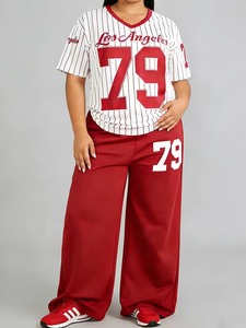 Plus Size - New Spring <b>Summer</b> Fashion Printed Short Sleeve V-Neck Striped Top And Straight Printed Long <b>Pants</b> - Product Image 4