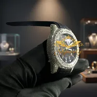 Montre mécanique avec incrustation de diamants, mouvement à quartz 38 mm, bracelet en caoutchouc 20 mm, lunette en cristal, boîtier en acier inoxydable, analogique, luxe et mode