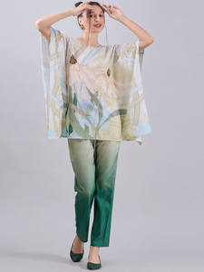 Conjunto Casual de Verano con Estampado Floral, Top de Manga Corta con Cuello en V y Pantalones Largos, Ecológico, Transpirable, de Poliéster, con Encaje - Product Image 4