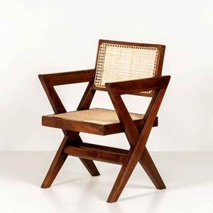เก้าอี้ไม้สไตล์ Pierre Jeanneret แบบขายส่ง ขา X พร้อมที่วางแขน หุ้มด้วยหวายธรรมชาติ สำหรับห้องรับประทานอาหารและห้องทำงาน - Product Image 1