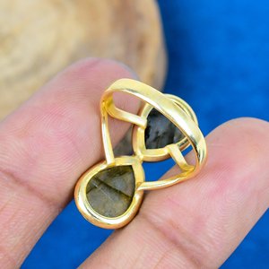 Natural <b>Labradorite</b> Pear Shape Gemstone Double Stone <b>Ring</b> 18k Gold Plated Over 925 Sterling Silver - Product Image 4