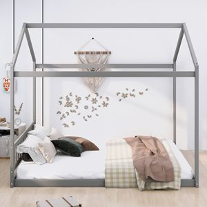 Letto a casetta in legno per bambini, misura Queen, con testiera grigia - Product Image 2