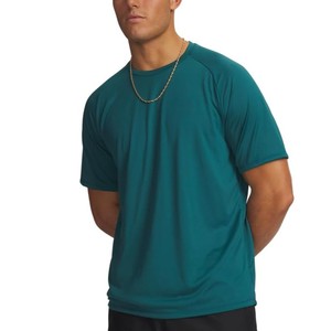 Camiseta Deportiva de Manga Corta para Hombre, Cuello Redondo, Color Sólido, Tejido de Punto, Corte Ajustado, Secado Rápido, Verde Azulado, para Gimnasio, ODM OEM - Product Image 2