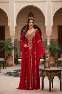 Abaya longue rouge brodée en mousseline pour femme, coupe modeste, respirante, toutes saisons, style moyen-oriental, col cœur, pour adultes - Product Image 6