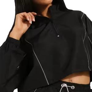 2026 New Arrival Girl's <b>Black</b> Crop Short Two Piece Windbreaker Set Custom Casual Piping Work Nylon Two Piece Jacket Short Sets - Product Image 4