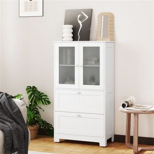 Mobiletto da terra regolabile con 2 cassetti e anta in vetro temperato satinato, credenza per soggiorno - Product Image 1
