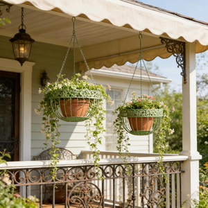 Green Metal <b>Hanging</b> Flower Pot <b>Basket</b> with Decorative Floral Rim Chain Support and Hook for Balcony Patio Garden Outdoor <b>Indoor</b> - Product Image 6