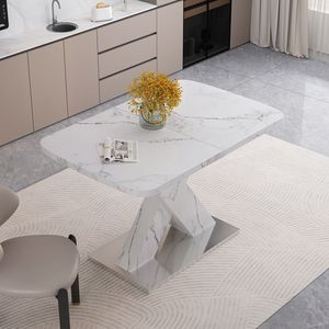 Tavolo da Pranzo Moderno Quadrato con Piano in Marmo Bianco Estensibile e Base in Metallo a X in MDF con Design Stampato (SKU W7) - Product Image 3