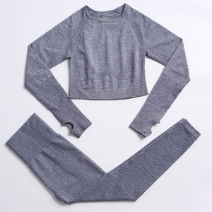 Women's Gray 2 Piece Yoga Set Crew Neck Crop <b>Top</b> Full Length Leggings Solid Pattern <b>Sweat</b> Wicking Seamless High Waist - Product Image 2