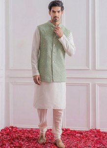 <b>Men's</b> Embroidered <b>Kurta</b> Pajama Set With Nehru Jacket Formal Indian Wedding Party Outfit - Product Image 4