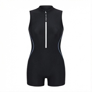 Women's Black Sleeveless One-Piece Swimsuit With Stand Collar Zipper And Contrast Binding Shorts - Product Image 1