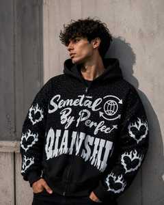 Sudadera con capucha de felpa francesa de gran gramaje, con hombros caídos, cremallera y pedrería, personalizada - Product Image 1