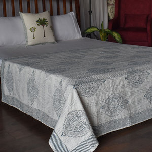 Hand Block Printed Cotton Kantha Twin Quilt 150x220 cm Hand Embroidered Indian Handmade <b>Throw</b> Bedspread Boho Home Textile Export - Product Image 5