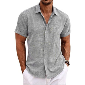 Chemises à manches courtes boutonnées pour hommes, gris, été, polos frais, coton, col montant, chemises brodées, t-shirt oversize - Product Image 6
