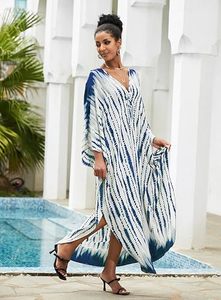 V Neck Maxi Abaya <b>Dress</b> Tie Dye Pattern <b>Loose</b> Fit Three Quarter Sleeve Cotton Modest Style Women's Daily Wear Summer - Product Image 3
