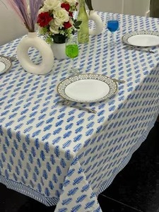Custom Boho Retro Blue & White Floral <b>Tablecloth</b> Hand Block Print Farmhouse Style for Easter Brunch & Weddings Table Cloth Gift - Product Image 2