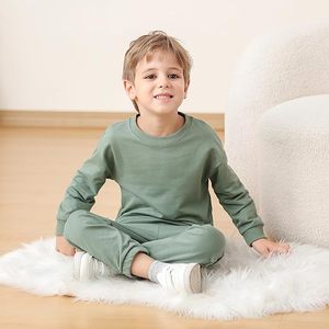 Nouvel ensemble de vêtements pour enfants unisexe, sweat-shirt à manches longues, pantalon uni, 2 pièces, tenues d'hiver pour tout-petits, 100% coton, séchage rapide - Product Image 4