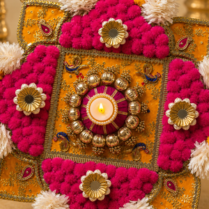 Décoration artisanale Diwali Rangoli avec fleurs pompon, travail miroir et support pour Diya pour la décoration de la maison en période des fêtes - Product Image 5